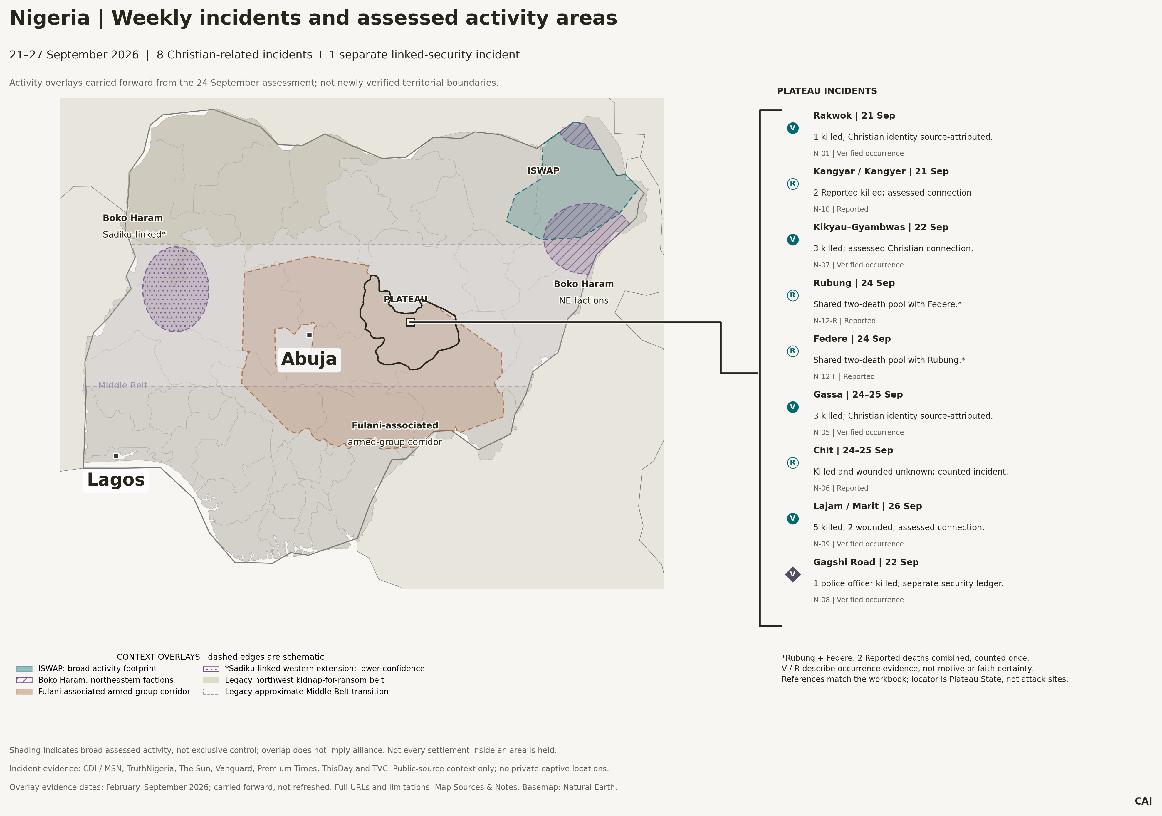 Nigeria: Weekly incidents and assessed activity areas, 21 – 27 September 2026